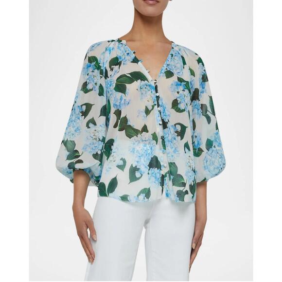 NEW L'AGENCE teagan blouse in ivory/light blue hydrangea
